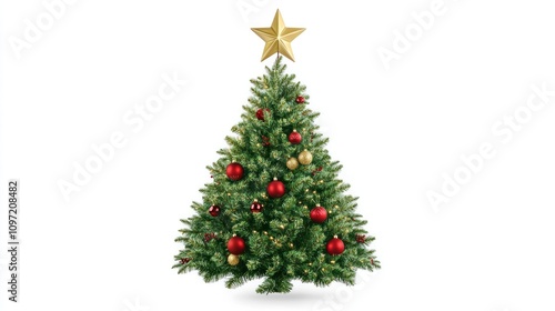 A holiday tree with traditional red and green decorations and a gold star topper