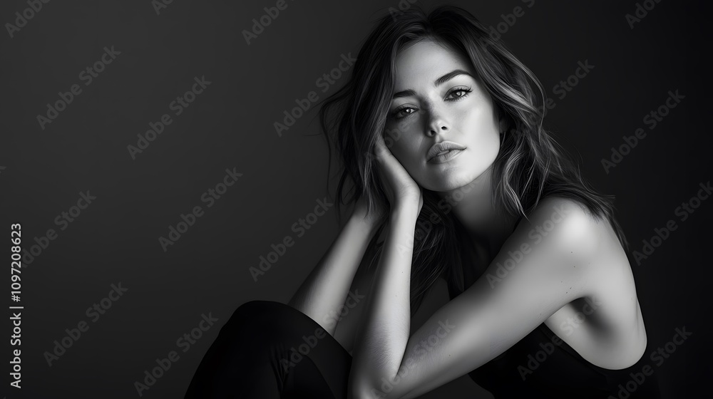 Fototapeta premium Black and white portrait of a beautiful Caucasian woman
