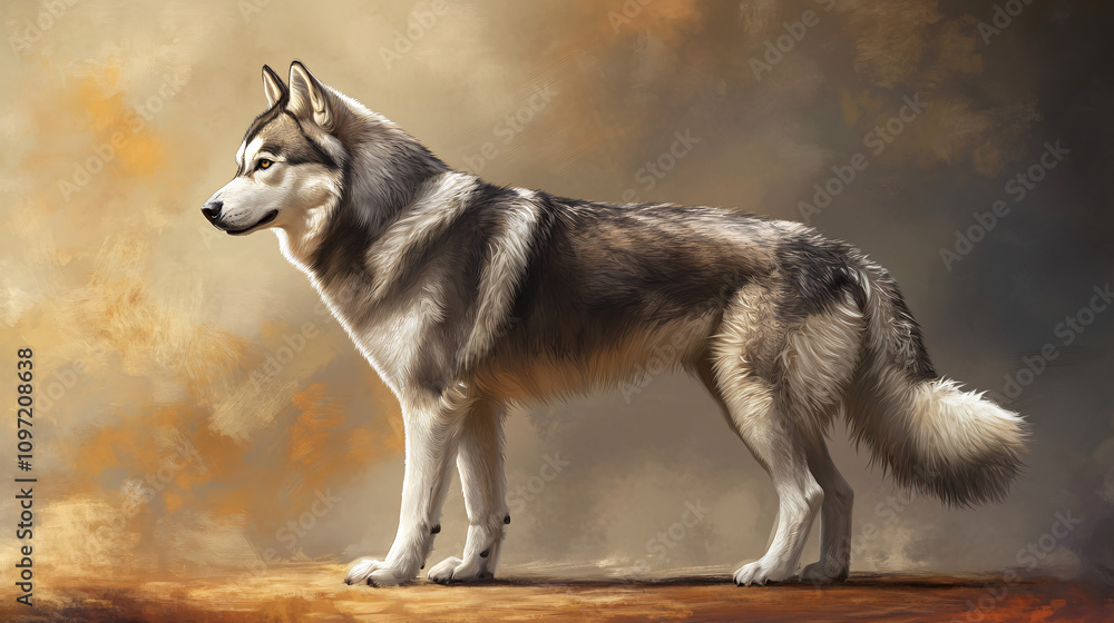 Majestic alaskan malamute dog standing on a rock, gazing into the distance with a captivating expression Majestic alaskan malamute dog standing on a rock, gazing into the distance with a captivating expression
