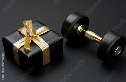 Dumbbell with gold gift bow on black background