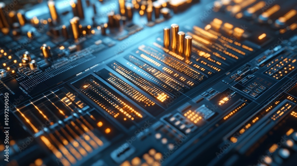 A close-up view of a futuristic circuit board with glowing elements and intricate designs. A close-up view of a futuristic circuit board with glowing elements and intricate designs.