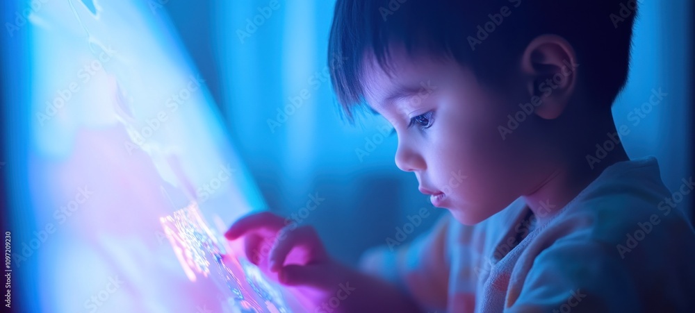 Toddler engrossed in interactive screen, glowing blue light illuminating his face. A captivating scene of modern childhood and technology. Toddler engrossed in interactive screen, glowing blue light illuminating his face. A captivating scene of modern childhood and technology.