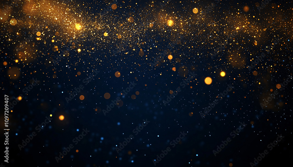 Obraz premium A festive digital art background featuring golden sparkles and a dark blue ambiance, ideal for Christmas greetings, invitations, or celebratory events.
