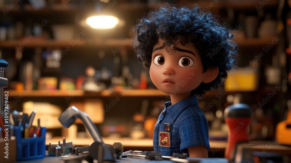 A young boy with curly hair looks concerned in a workshop filled with tools and equipment. A young boy with curly hair looks concerned in a workshop filled with tools and equipment.