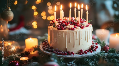 A festive holiday cake surrounded by candles and garlands, beautiful holiday decor