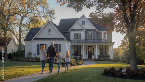 Happy family walking towards their modern home during sunset

