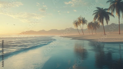 Serene Sunset Beach Scene With Palm Trees And Mountains