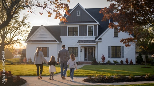 Happy family walking towards their modern home during sunset

