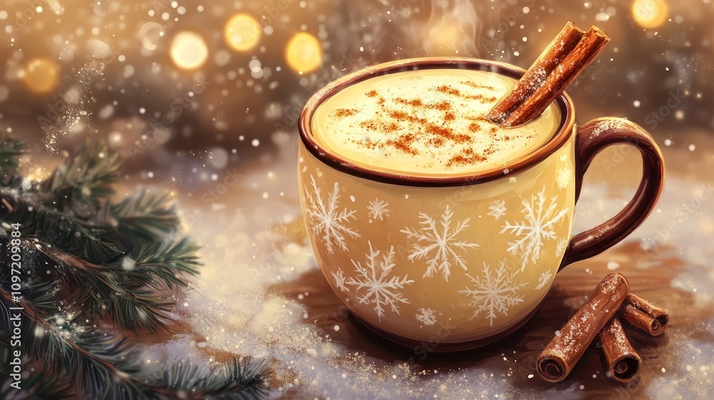A steaming cup eggnog in a festive mug, cinnamon stick and nutmeg garnish, cozy winter background A steaming cup eggnog in a festive mug, cinnamon stick and nutmeg garnish, cozy winter background