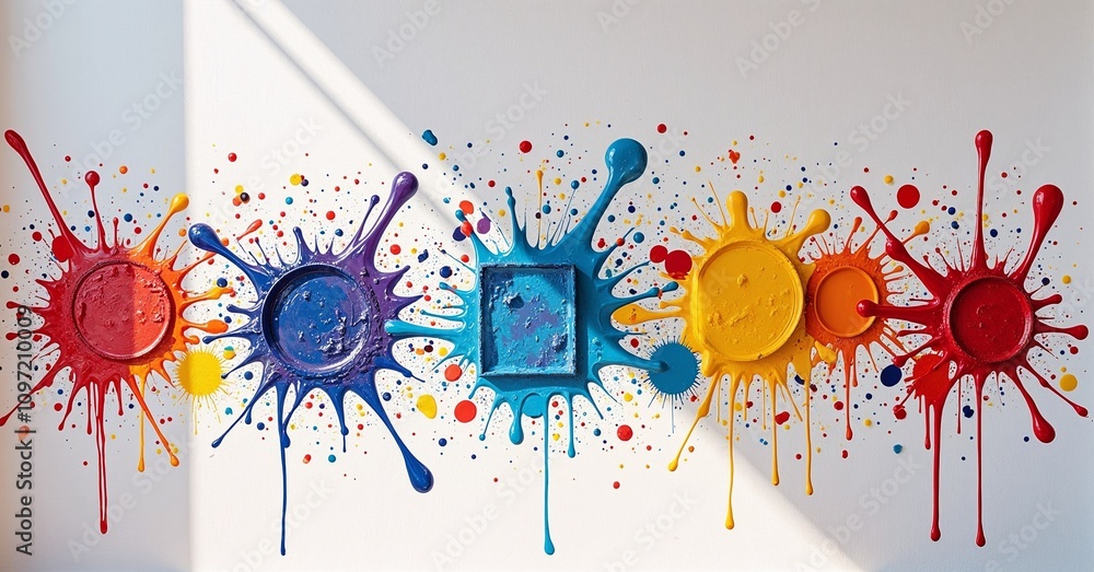 Bright paint splatters with circular shapes as room wall decor, creative artistic expression, colorful graffiti design Bright paint splatters with circular shapes as room wall decor, creative artistic expression, colorful graffiti design