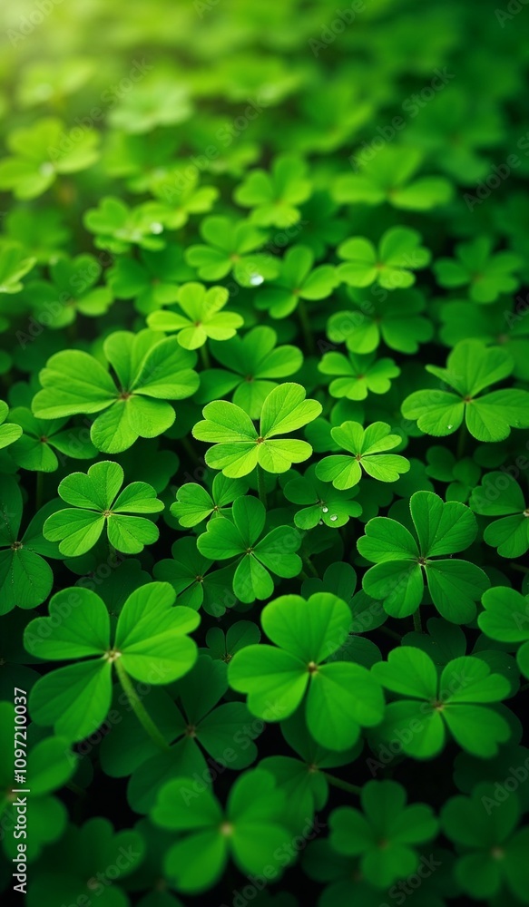 Four-leaf clover, lush green foliage, natural beauty, close-up view Four-leaf clover, lush green foliage, natural beauty, close-up view