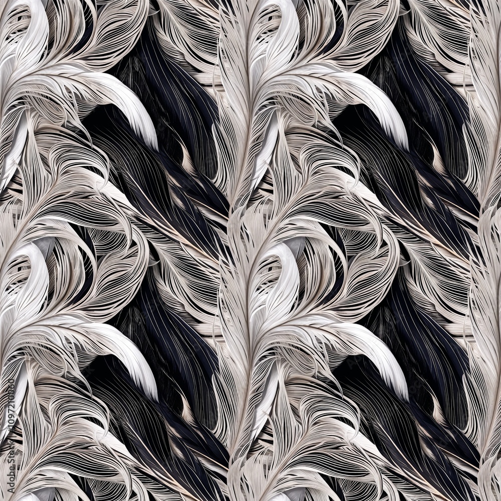 Fototapeta premium Seamless pattern, elegant feather design in monochrome, artistic texture