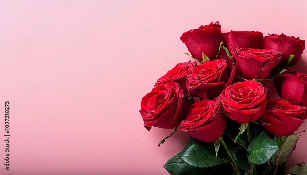 Beautiful composition spring flowers. Bouquet of red rose flowers on pastel pink background Beautiful composition spring flowers. Bouquet of red rose flowers on pastel pink background