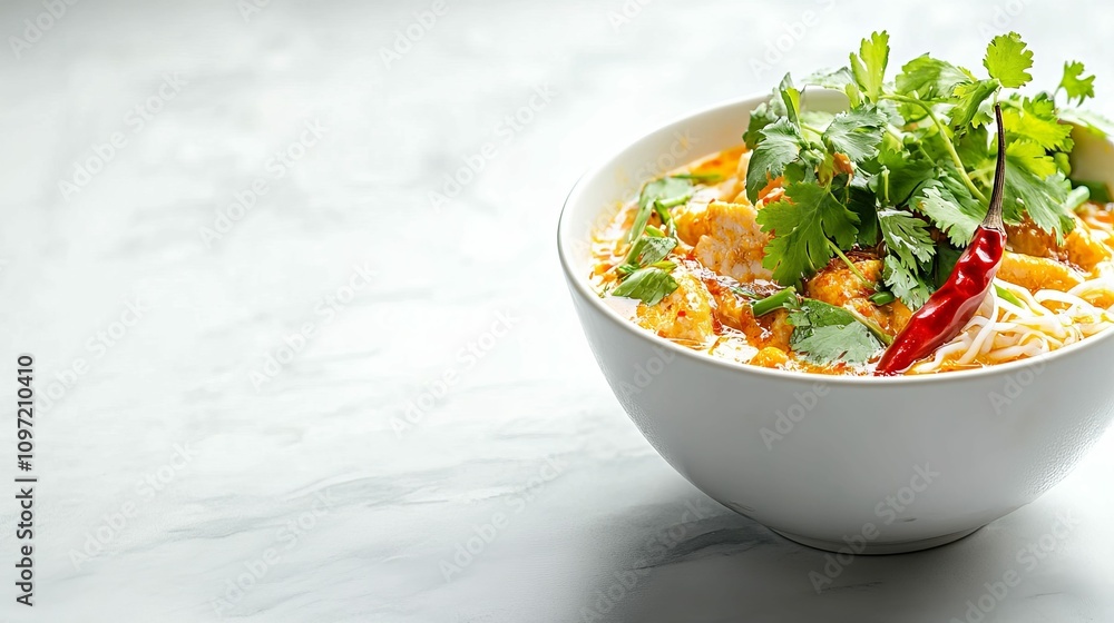 Bowl of Malaysian Laksa Garnished with Fresh Herbs and Chili Bowl of Malaysian Laksa Garnished with Fresh Herbs and Chili