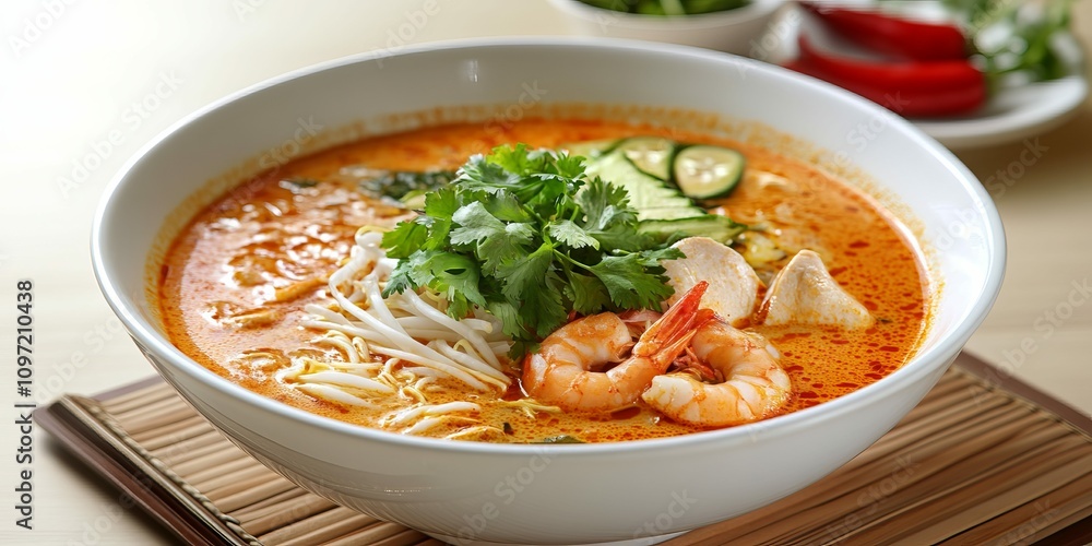 Bowl of Malaysian Laksa Garnished with Fresh Herbs and Chili Bowl of Malaysian Laksa Garnished with Fresh Herbs and Chili