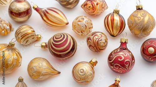 A mix gold and red glass ornaments with floral and swirl designs