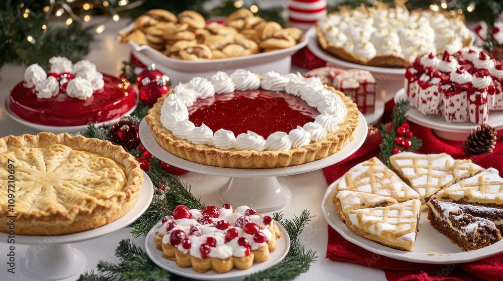 A table full holiday desserts including pie, cookies, and cake, with festive holiday d?(C)cor A table full holiday desserts including pie, cookies, and cake, with festive holiday d?(C)cor
