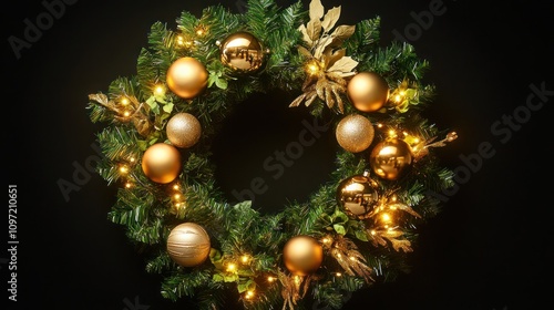 A sophisticated wreath made from artificial greenery with gold ornaments and bright lights