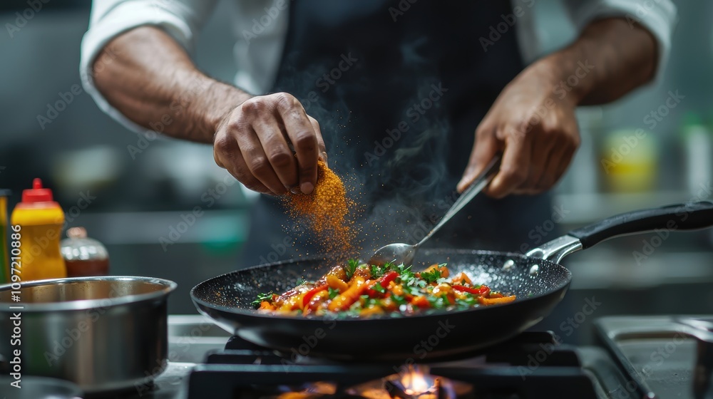 Hands Adding Spice to Colorful Vegetables in Pan on Stove Hands Adding Spice to Colorful Vegetables in Pan on Stove
