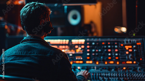 Wallpaper Mural Sound technician with headphones mixing music on audio mixing console in dimly lit recording studio Torontodigital.ca