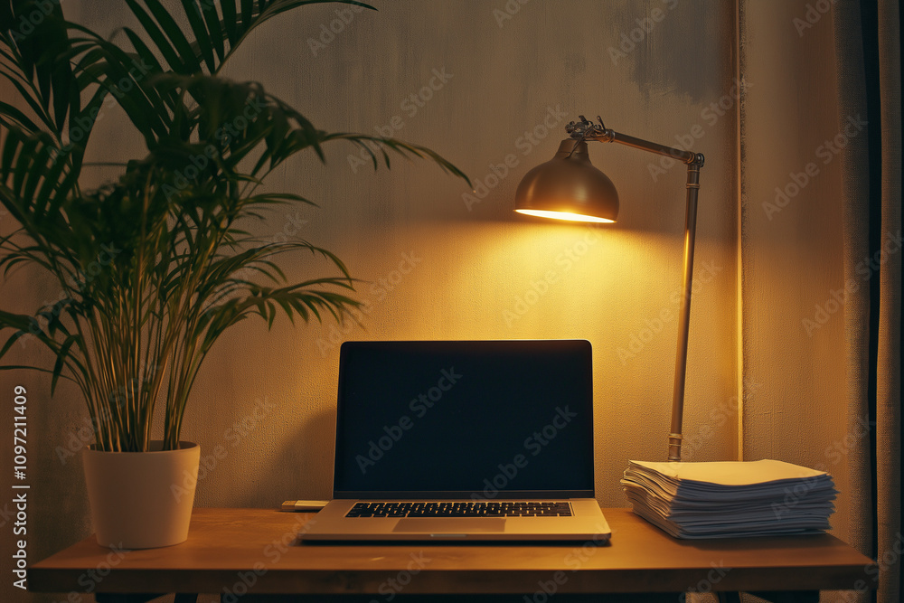 Fototapeta premium schönes Arbeitsumfeld mit Laptop und Pflanzenbeleuchtung