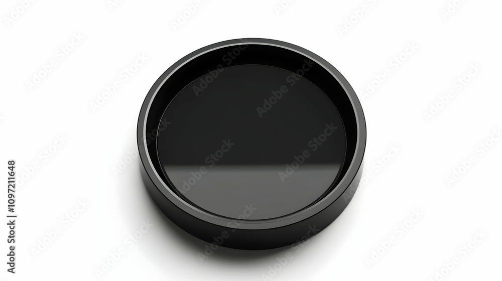 Black circular object, possibly a lid or container, isolated on white background. Black circular object, possibly a lid or container, isolated on white background.