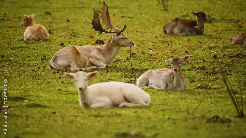 Herd of deer resting in a lush green meadow during a sunny afternoon in nature