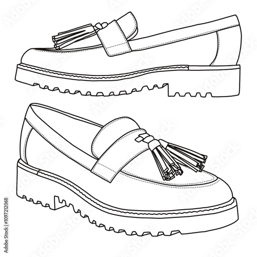 Women's Loafer  Slip On Shoes Line art, Technical sketch hand drawing outline vector doodle side isometric 3D view isolated on white background for coloring page