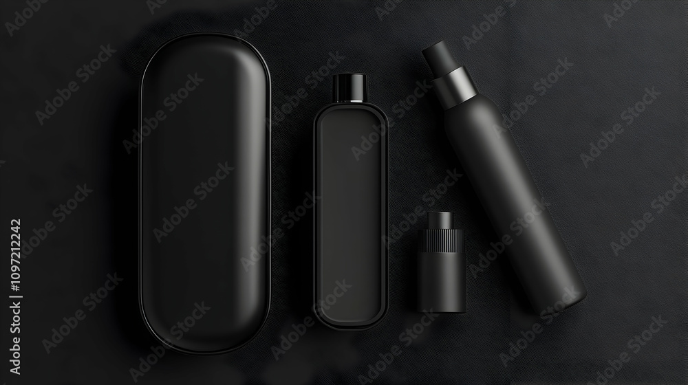 Naklejka premium Black cosmetic containers on dark background.