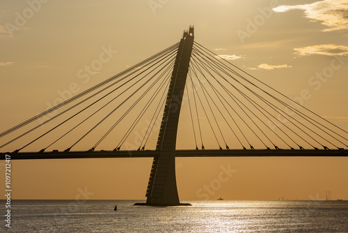 Russia. Saint-Petersburg. The bridge over the Ship's Fairway is a metal cable—stayed road bridge, which is part of the Western Speedway Diameter. photo