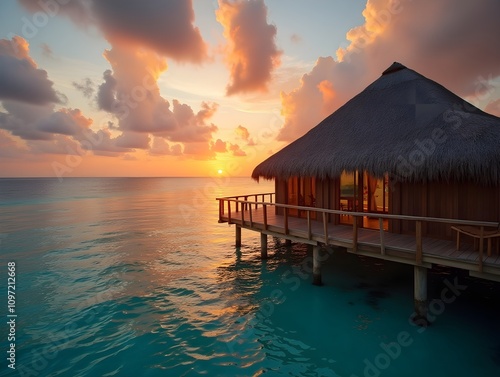 Maldives islands, luxury travel resort, Indian Ocean, summer trip destination. Wooden straw huts, hotel on water, sunset