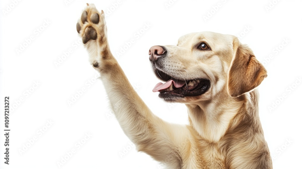 A dog is wagging its tail and has its paw raised in the air. The dog appears to be happy and playful A dog is wagging its tail and has its paw raised in the air. The dog appears to be happy and playful