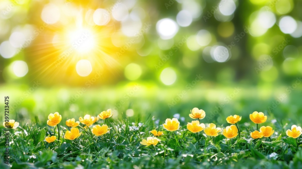A sunny meadow filled with vibrant yellow flowers and soft green grass. A sunny meadow filled with vibrant yellow flowers and soft green grass.