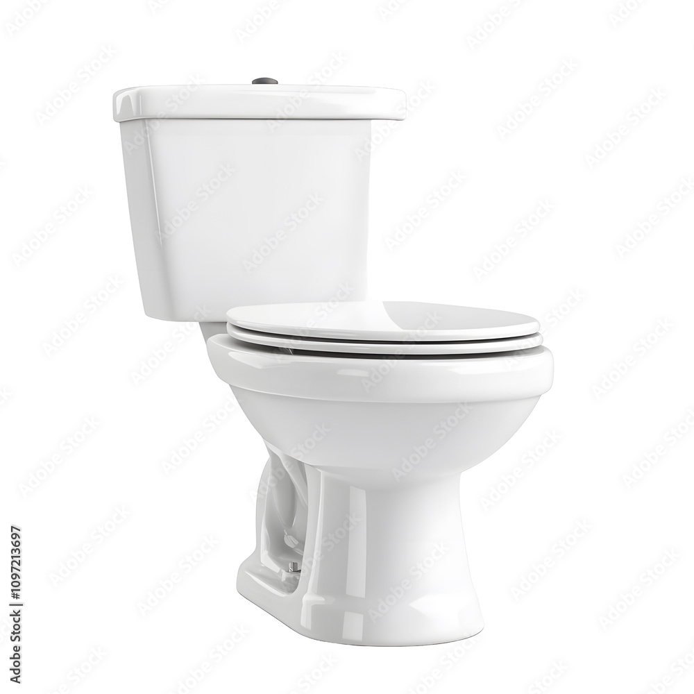 A white toilet with a tank, designed for sanitation and waste disposal. A white toilet with a tank, designed for sanitation and waste disposal.