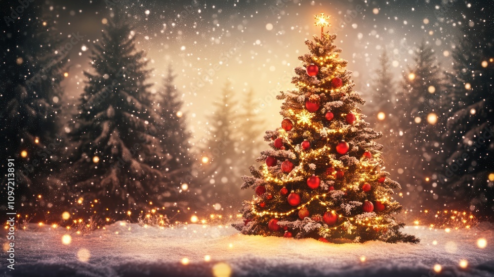 A decorated Christmas tree in a snowy forest, glowing warmly against the winter landscape A decorated Christmas tree in a snowy forest, glowing warmly against the winter landscape