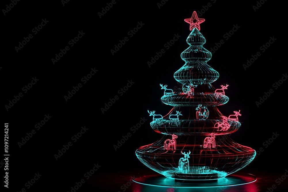 An innovative 3D wireframe Christmas tree decorated with futuristic reindeer ornaments in a neon color scheme, set against a dark, modern backdrop. An innovative 3D wireframe Christmas tree decorated with futuristic reindeer ornaments in a neon color scheme, set against a dark, modern backdrop.