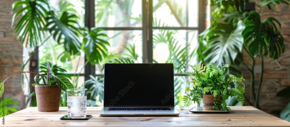 Laptop on wooden desk surrounded by plants near window. Laptop on wooden desk surrounded by plants near window.