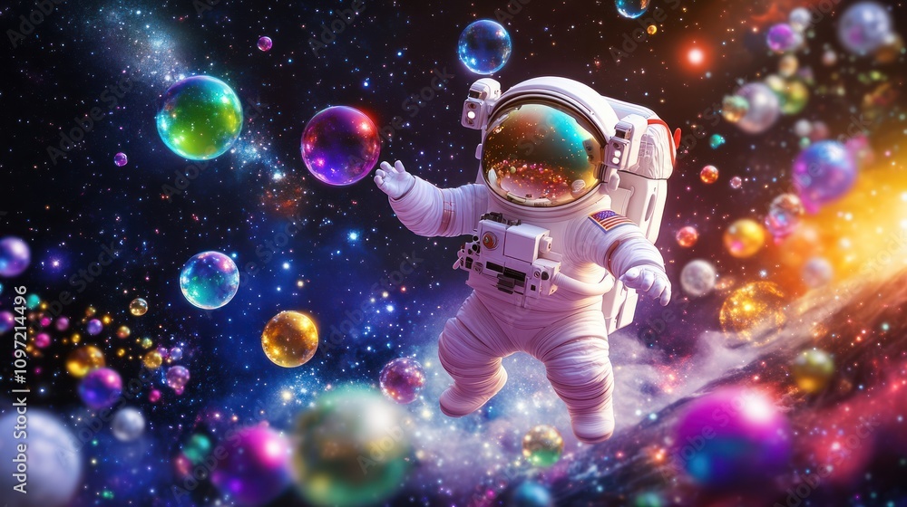 An astronaut floats in space surrounded by colorful bubbles, evoking wonder and imagination. An astronaut floats in space surrounded by colorful bubbles, evoking wonder and imagination.