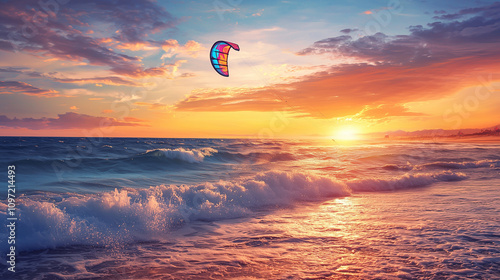 A kiteboarder soaring high above the ocean waves, with a colorful kite against a sunset backdrop photo