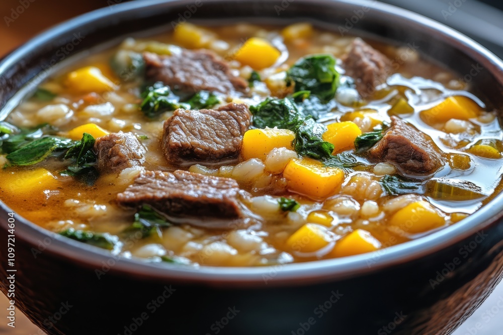 A close-up of a steaming bowl of beef stew featuring tender meat, bright yellow squash, leafy greens, and a flavorful broth, ideal for comforting meals. A close-up of a steaming bowl of beef stew featuring tender meat, bright yellow squash, leafy greens, and a flavorful broth, ideal for comforting meals.