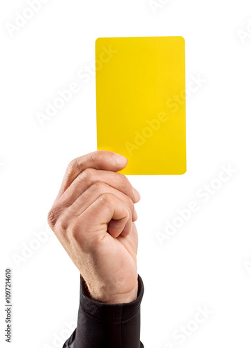 close-up male football (soccer) referee hand holding yellow card