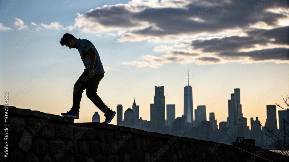A focused individual practices precise foot placement as they traverse a narrow stone ledge the city skyline dramatically silhouetted behind them. A focused individual practices precise foot placement as they traverse a narrow stone ledge the city skyline dramatically silhouetted behind them.