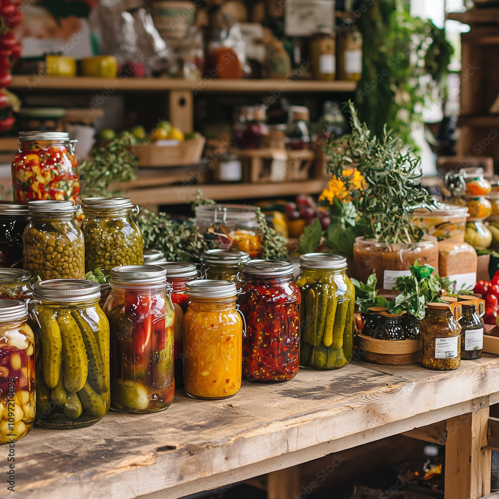 A farmers’ co-op table covered with jars of pickles, sauces, and fresh produce A farmers’ co-op table covered with jars of pickles, sauces, and fresh produce