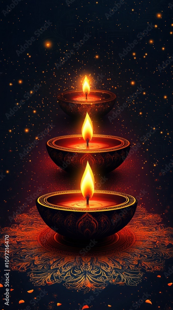 Golden Diwali Lamps on Red Background - Hand Drawn Vector Illustration Golden Diwali Lamps on Red Background - Hand Drawn Vector Illustration