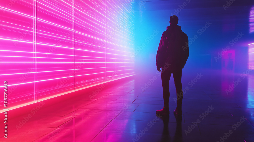 Silhouette of a technician looking at glowing pink and blue neon lines in a futuristic corridor, a scene of mystery and technology Silhouette of a technician looking at glowing pink and blue neon lines in a futuristic corridor, a scene of mystery and technology
