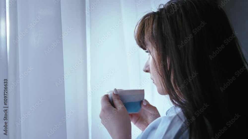 Serene Coffee Moment: Woman Relaxing by the Window with a Cup on a Cloudy Day Serene Coffee Moment: Woman Relaxing by the Window with a Cup on a Cloudy Day