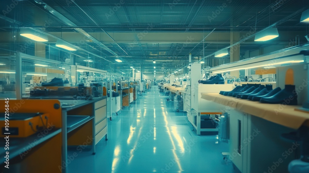 High-end modern shoe manufacturing factory, precision stitching machines, clean and well-lit High-end modern shoe manufacturing factory, precision stitching machines, clean and well-lit