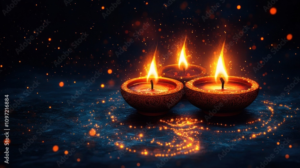 Diwali Lamps with Golden Lights on Dark Red Background - Hand Drawn Vector Illustration Diwali Lamps with Golden Lights on Dark Red Background - Hand Drawn Vector Illustration