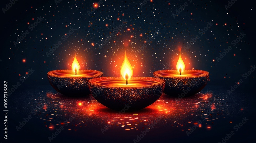 Diwali Lamps with Golden Lights on Red Background - Hand Drawn Vector Illustration Diwali Lamps with Golden Lights on Red Background - Hand Drawn Vector Illustration