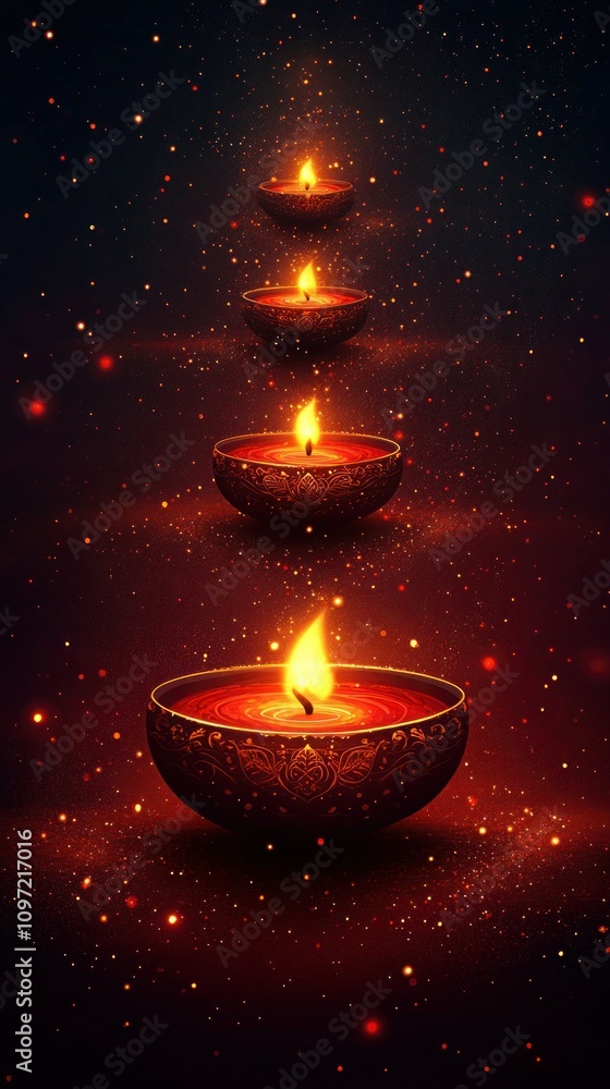 Diwali Lamps with Golden Lights on Red Background - Hand Drawn Vector Illustration Diwali Lamps with Golden Lights on Red Background - Hand Drawn Vector Illustration